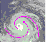 台風の衛星写真に風の流れ込みを記したもの