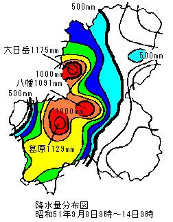 岐阜・西濃から中濃にかけて積算降水量が多い領域が広がり、葛原では1129mm、八幡では1091mm、大日岳では1175mmとなった。